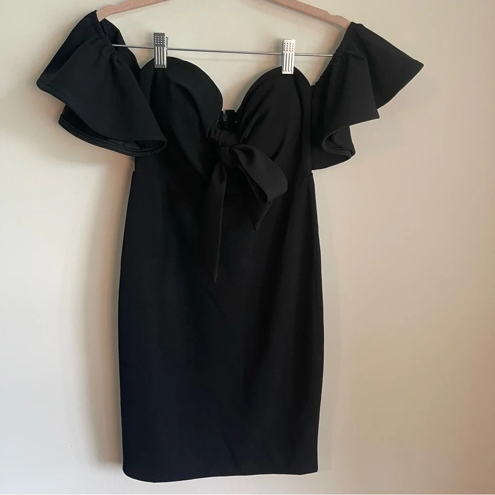 Vera & Lucy black front tie bardot mini black dress size XS NWT
